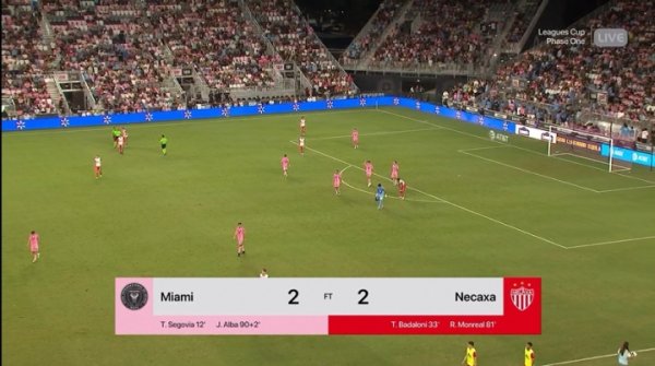 迈阿密国际90分钟2-2进罚球决胜  ，按照联盟杯赛制十二码球获胜积2分
