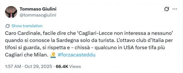 卡利亚里主席回应米兰老板:在美国我们的球迷数量可能比米兰还多